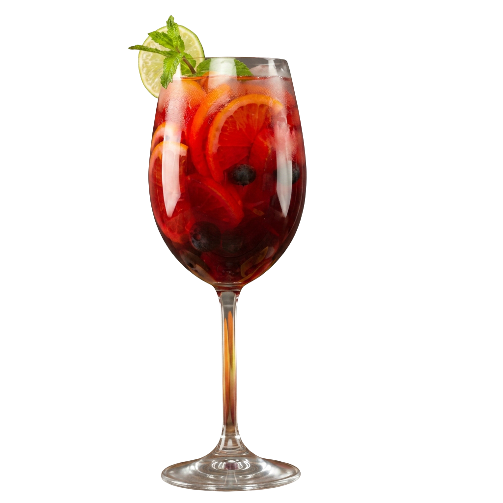 Sangria Breeze signature cocktail in a tall wine glass with orange, lime, and berries